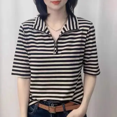 欧货2022春夏季新款立领条纹棉短袖黑白T恤女装韩版宽松内搭上衣图片