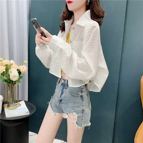 港风白色短款防晒衬衫女设计感小众夏季薄款上衣服宽松外穿防晒衣商品大图