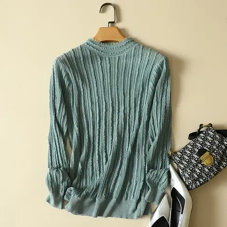 秋季2023年新款蕾丝长袖针织女士半高领套头毛衣宽松打底衫上衣女商品大图