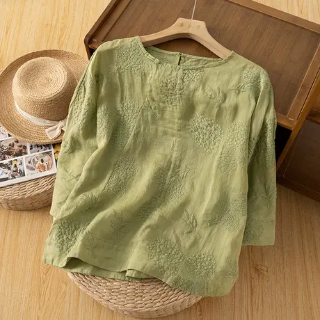 享永子重工刺绣苎麻上衣女文艺复古宽松气质棉麻小衫2023新款夏季商品大图