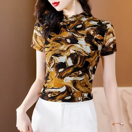 夏装新款立领网纱短袖T恤女时尚漂亮气质印花上衣复古修身小衫ins商品大图