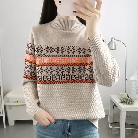 秋冬季2023新款毛衣半高领女士套头洋气时尚提花宽松内搭打底衫厚商品大图