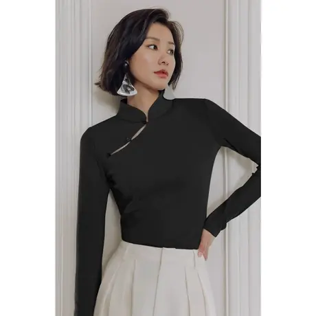 弥古黑色新中式斜襟盘扣上衣女长袖早秋季高级感复古国风气质衬衣商品大图