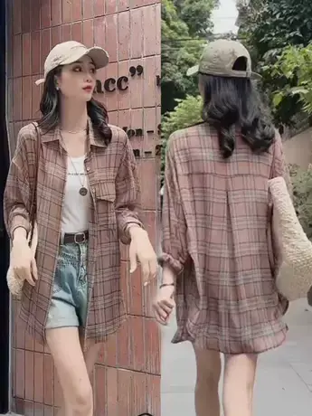 港风复古长袖防晒女士衬衫2023夏季新款格纹后休闲通勤上衣外套潮商品大图