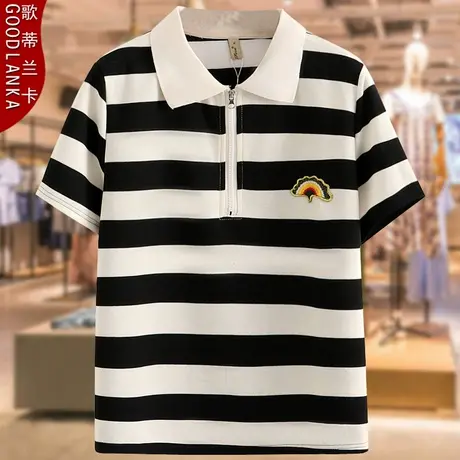 大码中年妈妈夏装短袖t恤女2023新款宽松显瘦洋气条纹POLO衫上衣图片