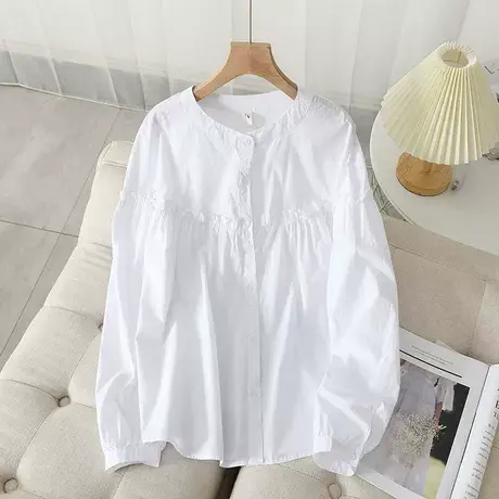 2021春秋新款韩版时尚休闲立领条纹衬衫女百搭显瘦长袖花边衬衣图片