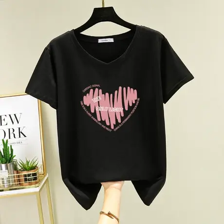 夏季v领短袖t恤女2022年新款韩版学生纯棉漂亮设计感宽松上衣体恤商品大图