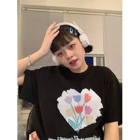 红续可爱小众vintage复古印花少女短袖t恤女2023年新款宽松上衣图片