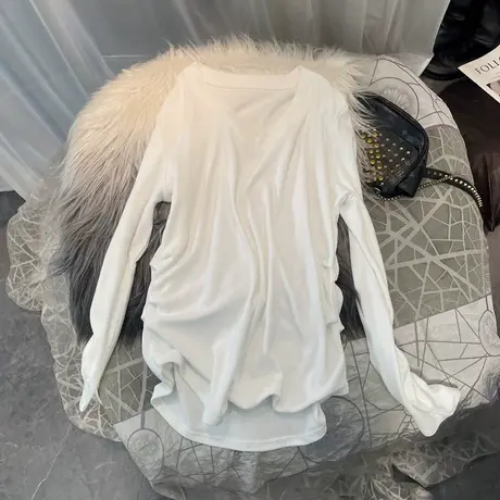 遮臀V领磨毛保暖春秋打底衫女韩国新款纯色上衣显瘦气质长袖T恤商品大图