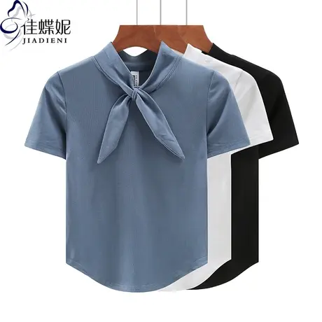 夏季新款韩版半高领修身纯棉纯色下摆圆弧纯欲短袖体恤上衣女打底图片