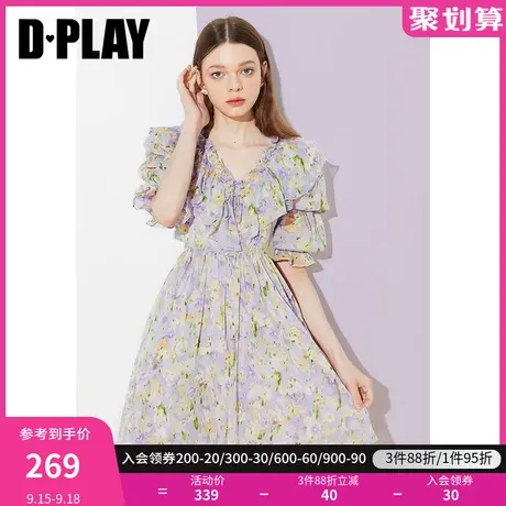 DPLAY夏新法式复古葫芦袖紫调印象花园系带短仙女沙滩裙图片