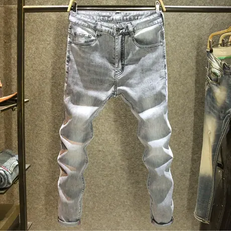 高级灰色欧货牛仔裤男款夏季薄款修身小脚裤男士青年休闲舒适长裤商品大图