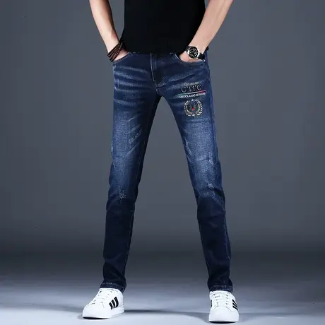 秋款深蓝色牛仔裤潮男刺绣修身小脚裤子男士2023新款高端潮牌男款商品大图