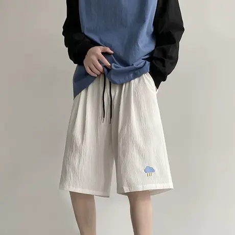 美式刺绣亚麻短裤男夏季薄款日系冰丝沙滩裤棉麻休闲情侣五分裤潮商品大图