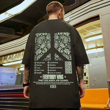 高街潮牌宽松T恤反战短袖男加肥加大五分袖纯棉胖子大码男装夏季商品大图