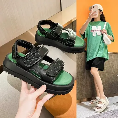 凉鞋女2023夏季新款罗马风休闲运动风厚底松糕鞋魔术贴学生露趾鞋图片