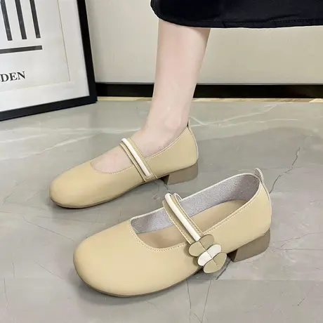 软底玛丽珍小皮鞋女2023新款夏季浅口圆头法式一字带配裙子豆豆鞋商品大图
