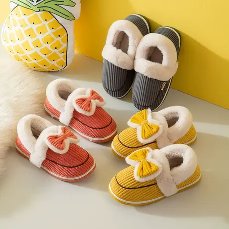 蝴蝶结棉拖鞋女冬家居包跟室内家用保暖可爱情侣厚底月子毛绒冬天商品大图