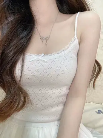 白色纯欲风爱心刺绣蕾丝拼接修身紧身针织吊带内搭小心机上衣服潮图片