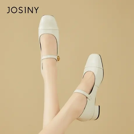Josiny/卓诗尼玛丽珍鞋女2024新款春季黑色小皮鞋粗跟一字带单鞋商品大图