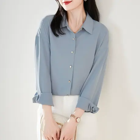 娅丽达女士白色衬衫2023秋季新款方领气质高级感职业长袖蓝色衬衣商品大图