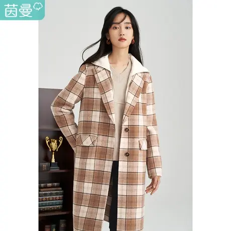 【商场同款】茵曼格纹女2023冬季新款西装领休闲宽松百搭毛呢外套图片