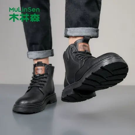 木林森马丁靴男高帮英伦风卡其男士工装厚底机车牛皮短靴加绒棉鞋商品大图