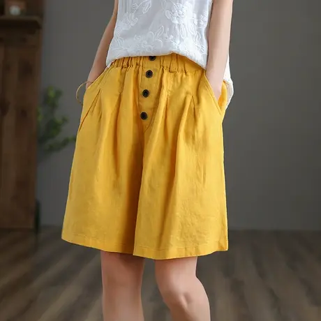 dza 100%纯亚麻休闲短裤女士2022夏季薄款五分棉麻裤子宽松阔腿裤商品大图