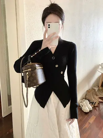 v领毛衣女交叉2023秋季新款修身开叉套头上衣内搭气质打底针织衫商品大图