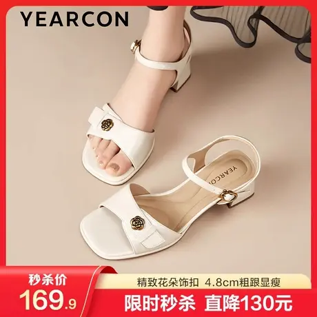 意尔康中老年妈妈一字带凉鞋女夏季2025新款粗跟防滑时尚高跟鞋女图片