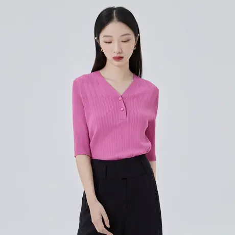 艾莱依春季新款女士V领针织衫半袖气质修身休闲短款内搭外穿上衣商品大图