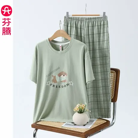 芬腾夏季睡衣女款纯棉短袖七分裤套装薄款可爱少女休闲大码家居服商品大图