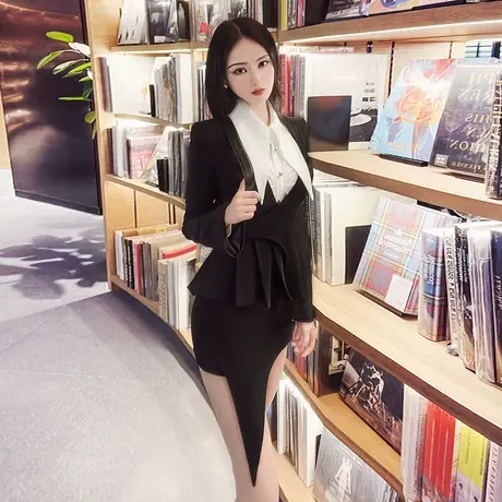 VJE春季小西服新款黑色V领交叉原创设计职业女士西装外套图片