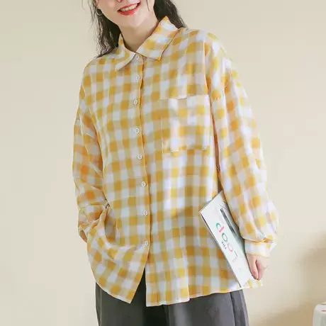胖妹妹秋装学院风格纹长袖衬衫 大码复古宽商品大图