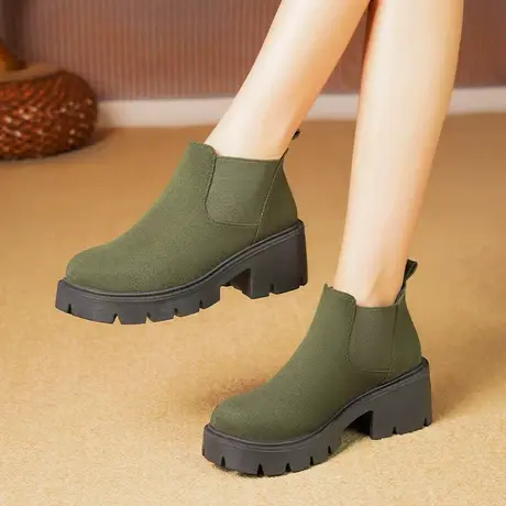 夏秋季复古磨砂时尚厚底及踝靴粗跟加绒女靴舒适小短靴切尔西靴女图片