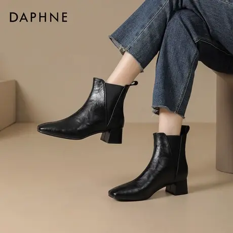 达芙妮方头短靴女2025新款秋冬粗跟切尔西靴子瘦瘦靴厚底马丁靴女商品大图