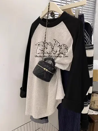 休闲卡通百搭长袖T恤女复古chic秋季打底衫潮牌ins大码插肩袖上衣商品大图