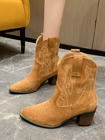 靴子女旅游短靴2023新款春秋单靴复古尖头粗跟高跟刺绣西部牛仔靴商品大图