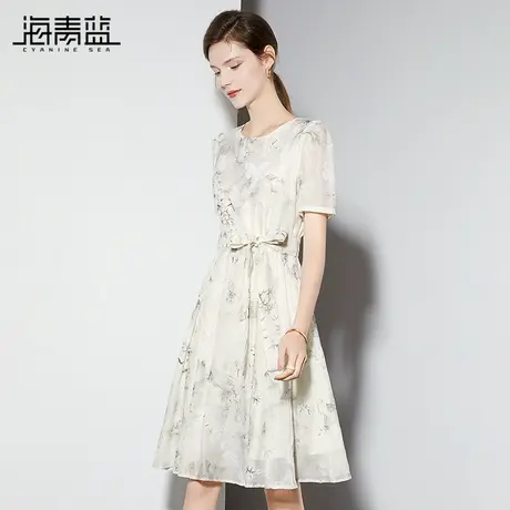 海青蓝复古水墨印花连衣裙女2024夏季新款圆领收腰显瘦雪纺中长裙图片