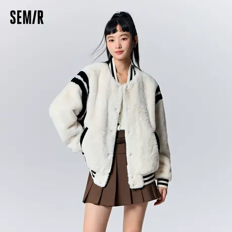 森马外套女仿兔毛棒球服撞色冬美式宽松夹克盐系休闲ins新款2023图片