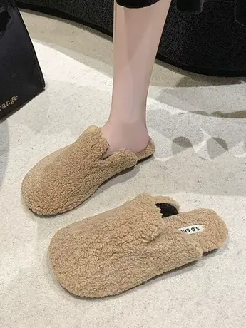 包头半拖鞋女外穿2023年新款秋冬平底懒人保暖加绒羊羔毛毛棉拖鞋商品大图