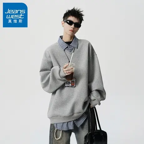 N5真维斯男士假两件卫衣2025新款秋季美式宽松翻领男生春秋装上衣图片