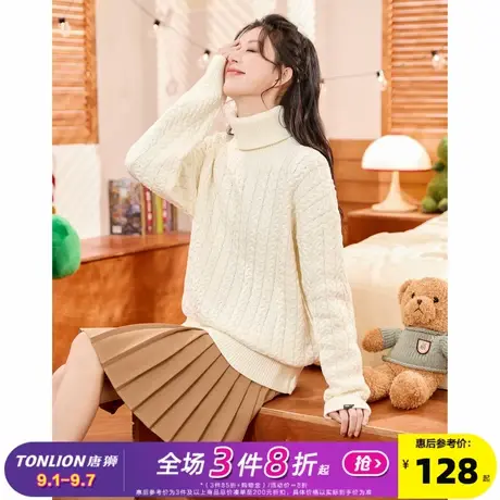唐狮2024毛衣女秋冬净色日系复古麻花高领套头毛线衫慵懒高级感商品大图