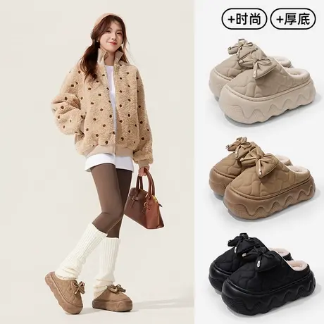 高颜值蝴蝶结棉拖鞋女款秋冬季防水外穿雪地靴毛绒保暖半包跟棉拖商品大图