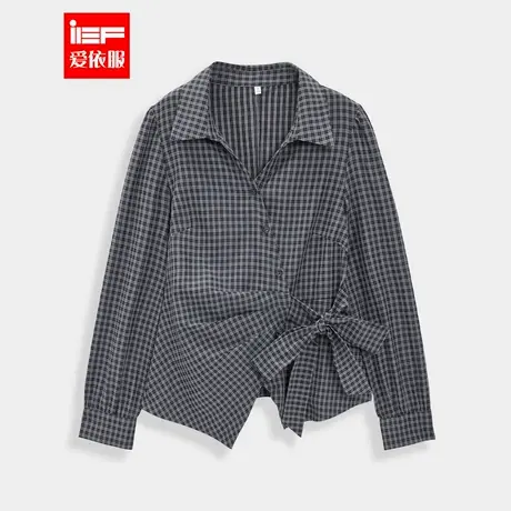 IEF/爱依服2025秋季新款韩版复古通勤气质格子绑带收腰设计衬衫图片