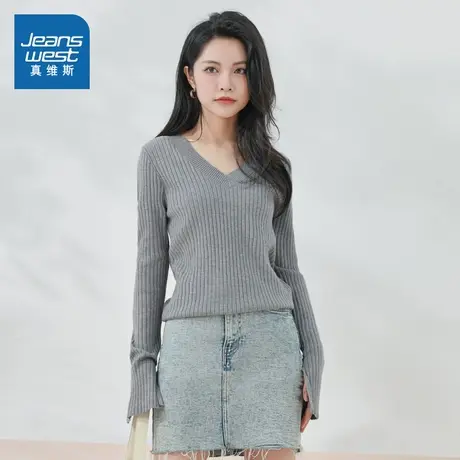 KF真维斯女装显瘦V领针织衫 2025秋新品女士通勤长袖毛衣女上衣商品大图