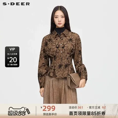 sdeer圣迪奥女装25年新品复古翻领绣花不规则长袖衬衫S253Z0503商品大图