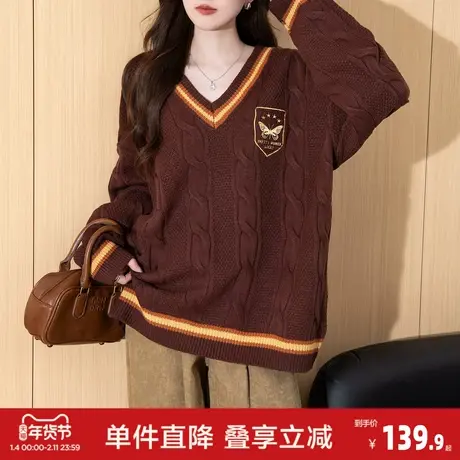 唐狮2026秋冬复古风前胸刺绣设计V领宽松套头针织衫女时尚高级感商品大图