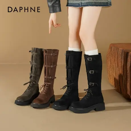 达芙妮长筒靴子女2025新款秋冬皮带扣西部靴子厚底不过膝骑士靴女图片