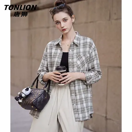 唐狮官方格子衬衫外套女2026新款春夏复古格纹罩衫衬衣宽松上衣VC商品大图